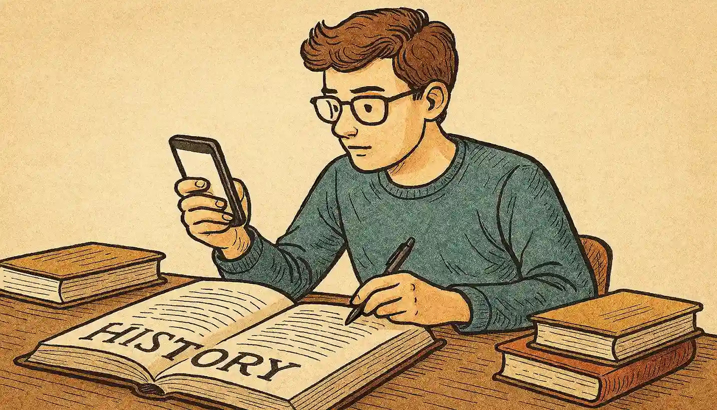 A student studies history and holds a smartphone in his hand.