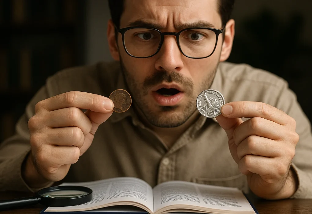 A surprised collector compares a worn 19th-century coin with a bright modern issue, realizing that age alone does not determine rarity or value.
