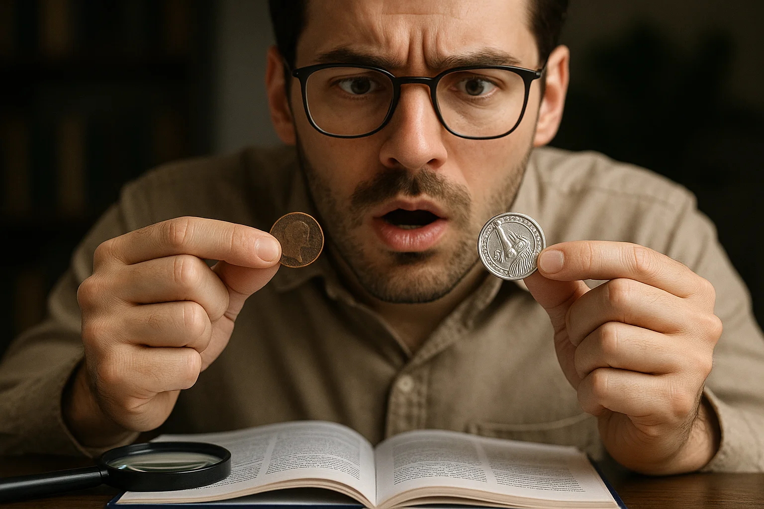 A surprised collector compares a worn 19th-century coin with a bright modern issue, realizing that age alone does not determine rarity or value.