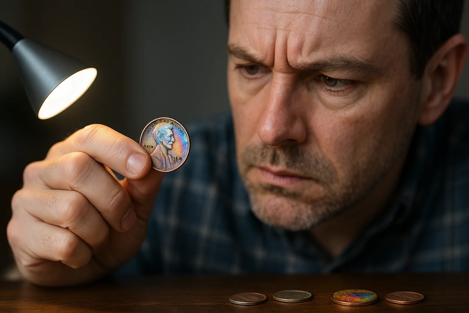 A collector examines a Lincoln cent under angled light, comparing natural patina with an unnaturally vivid chemical tone.