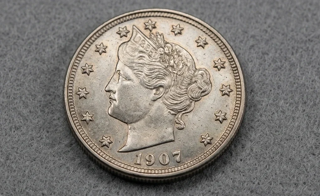 Close-up of a 1907 Liberty Head nickel
