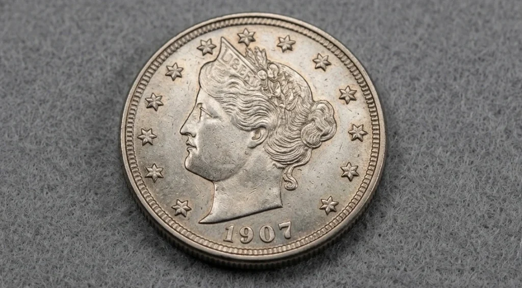 Close-up of a 1907 Liberty Head nickel