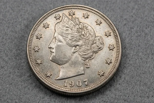 Close-up of a 1907 Liberty Head nickel
