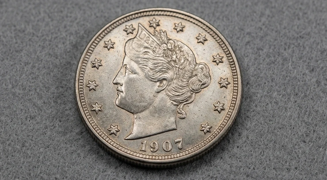 Close-up of a 1907 Liberty Head nickel